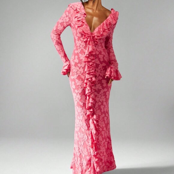 Pink Party Women's Long Sleeve Ruffle Floral Lace Maxi Dress with Empire Waist - Picture 1 of 5